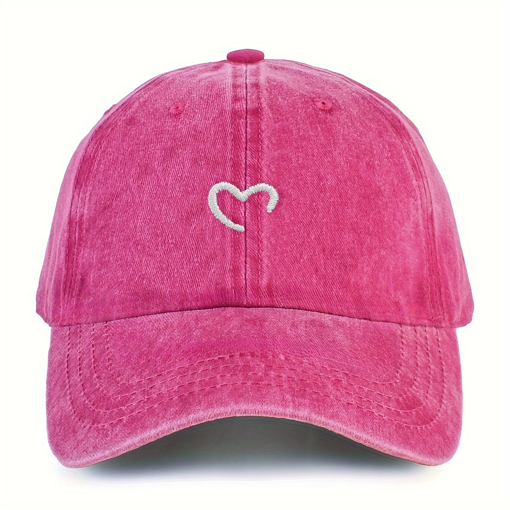 Women'S Heart-Shaped Embroidered Vintage Washed Baseball Cap, Adjustable Size, Suitable for Urban Vacation Wear