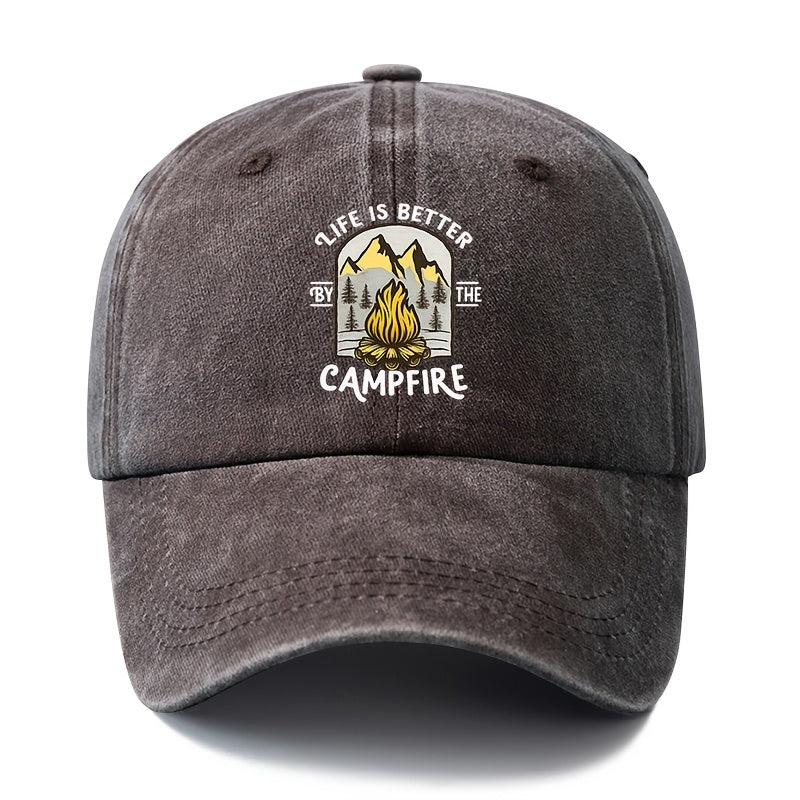 A Unisex, Fashionable and Versatile Printed Campfire Camping Baseball Cap, a Classic Retro Washed Outdoor Lightweight Curved Brim Cap, a Trucker Baseball Cap, Suitable for Outdoor Vacations, Travel, Camping and Other Casual Occasions, a Hip-hop Cap F