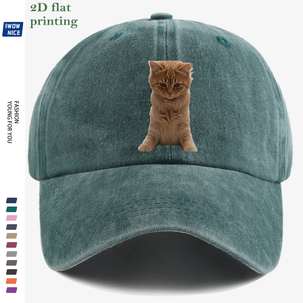 1pc Orange Tabby Cat Squatting Front Print Baseball Cap, with Round Eyes Slightly Squinted, Giving Off a "I'm Noble" Meme Vibe. A Must-have for Daily Outings, Café Visits, and Citywalks to Create a Stylish Look. The Cap Shape Helps Flatter and Slim