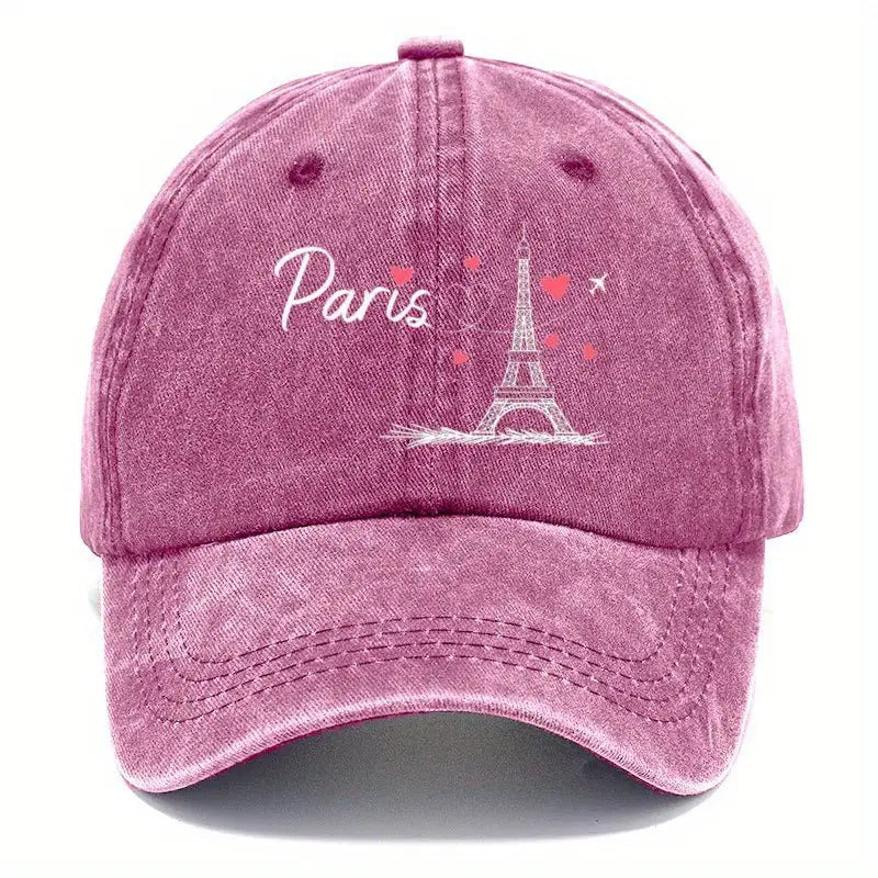 Vintage Baseball Cap Featuring The Eiffel Tower And Heart Design, Adjustable And Made from Breathable Fabric, Perfect for Outdoor Activities And Casual Travel. It Embodies a French Romantic Style, Ensuring Comfort for Travel Lovers