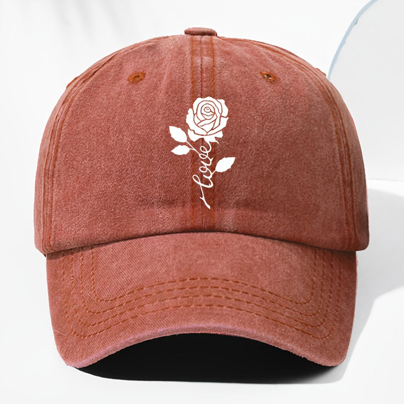 Unisex Rose Love Print Washed Vintage Baseball Cap Fashion Men Women Sunshade Outdoor Hat Adjustable Hat Trucker Cap Suitable for All Seasons Daily Wear