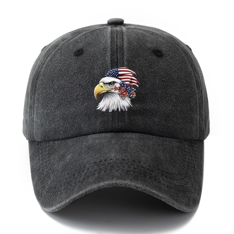 A Unisex Fashionable and Versatile Printed Floral Eagle Baseball Cap, Featuring a Classic Vintage Washed Outdoor Lightweight Curved Brim Design. Suitable for Outdoor Vacations, Travel, Camping, and Other Casual Occasions. Ideal for Holiday Parties