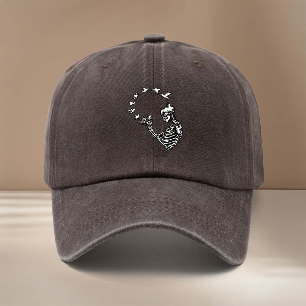A Relaxed Six-Panel Baseball Cap Featuring a Skull And Bird Design, Suitable for Both Men And Women. This Vintage-Style Hat Is Perfect for Parties, Camping, And Hip-Hop Outfits. It'S Lightweight, Stylish, And Has a Comfortable Fit