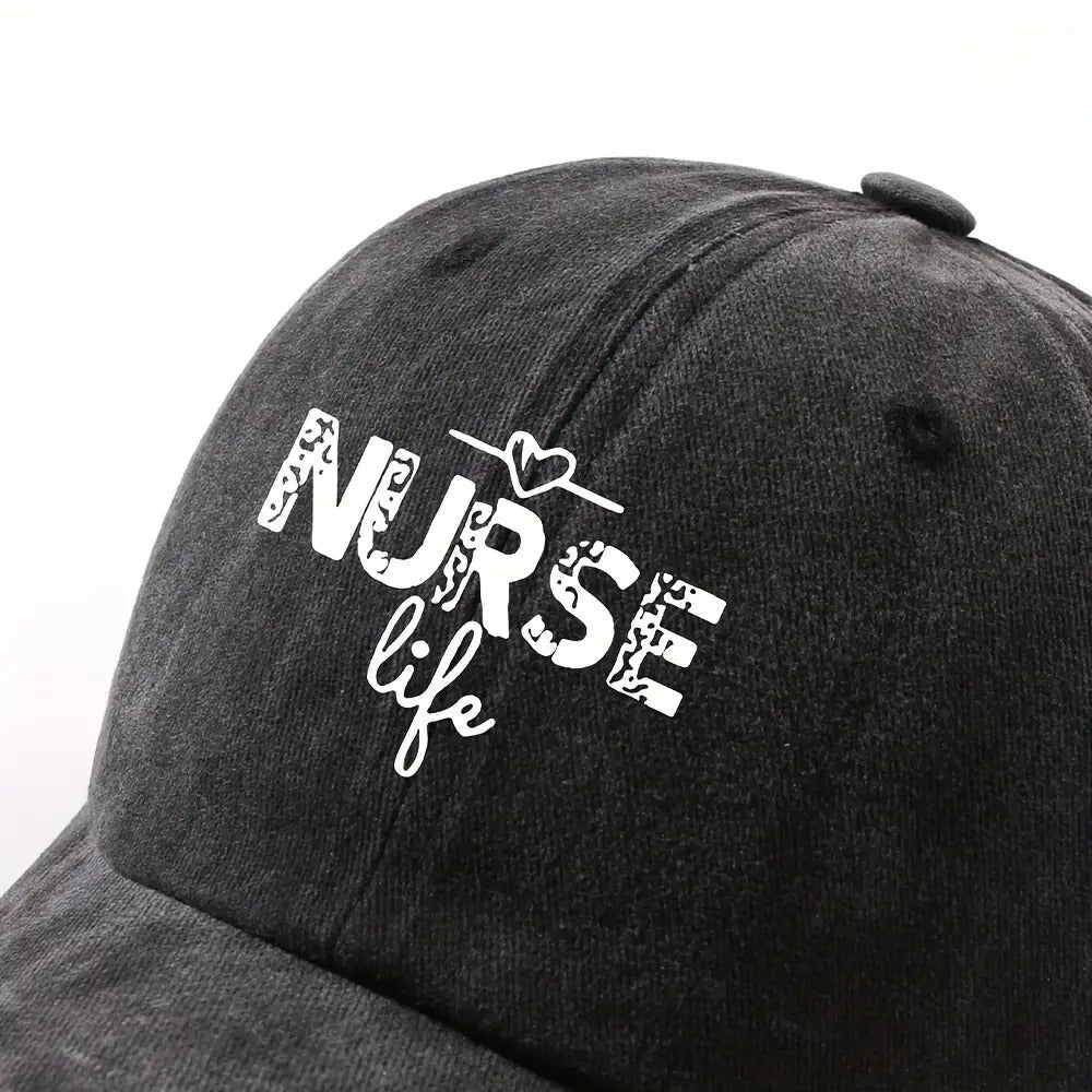 1 Fashion Nurse Letter Washed Baseball Cap Unisex Adjustable Brim Sun Hat Shopping Cycling Skateboarding Trendy Baseball Cap,  Casual Wear, Sporty Style, Geometric Pattern, Metal Buckle Closure, Durable Material, Unisex Headwear, Men And Women