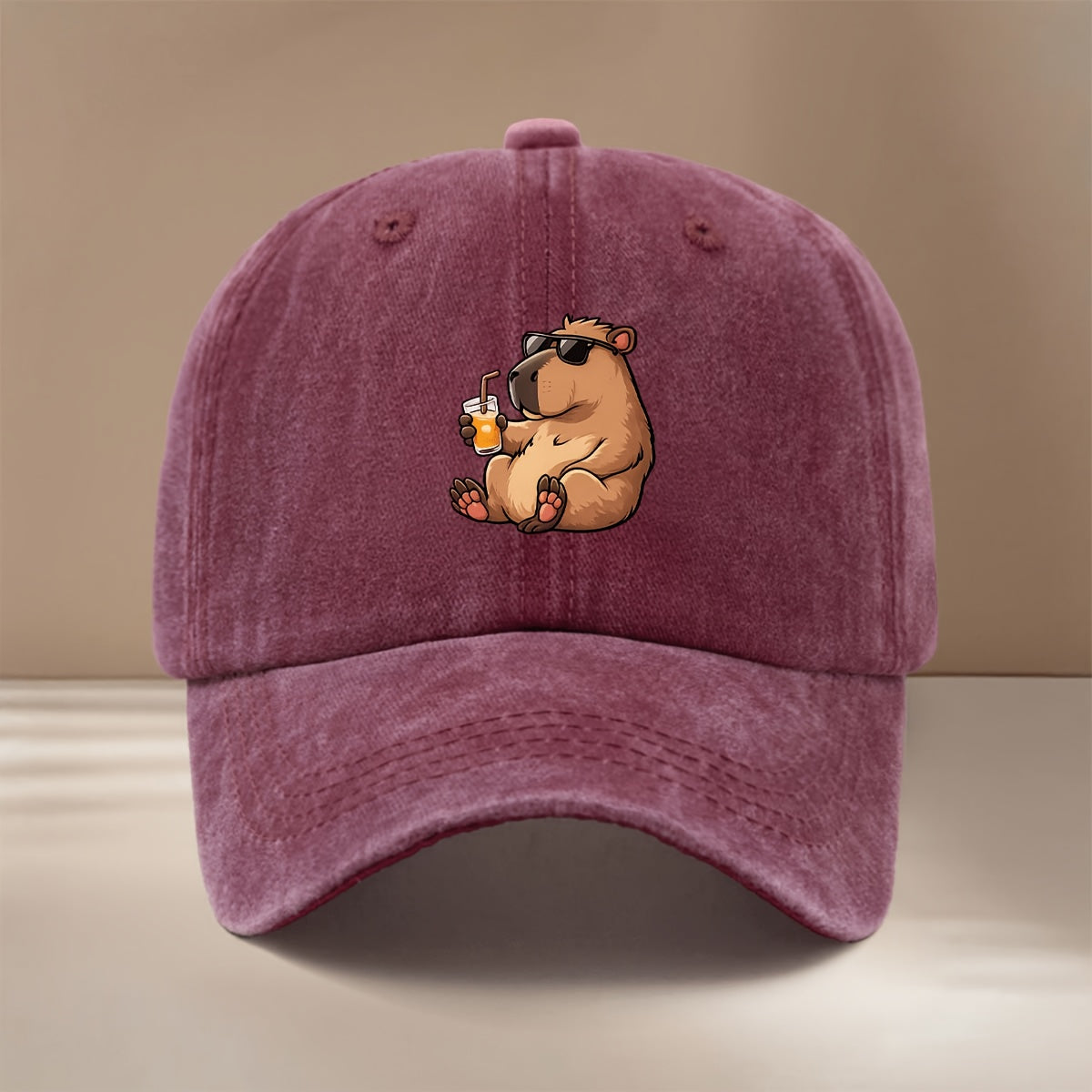 This Is a Baseball Cap with a "Drinking Guinea Pig" Graphic Print. It's Comfortable, Lightweight, and Adjustable in Size. A Six-panel Unisex Hat, This Simple and Trendy Snapback Is Perfect for Outdoor Sports, Picnics, Camping, and  Fashion