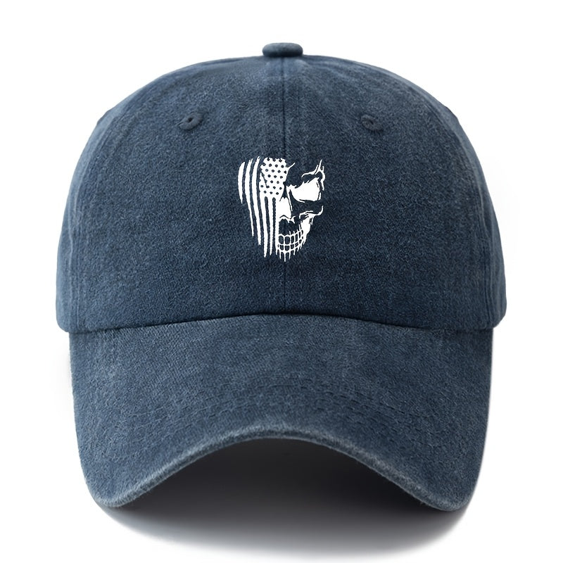 A Stylish And Adaptable Unisex Cap with a Printed Skull Design And a Classic Vintage Washed Look, Perfect for Outdoor Activities Like Vacations, Travel, And Camping. Great for Casual Events And Holiday Celebrations, Especially in Hip-Hop Culture