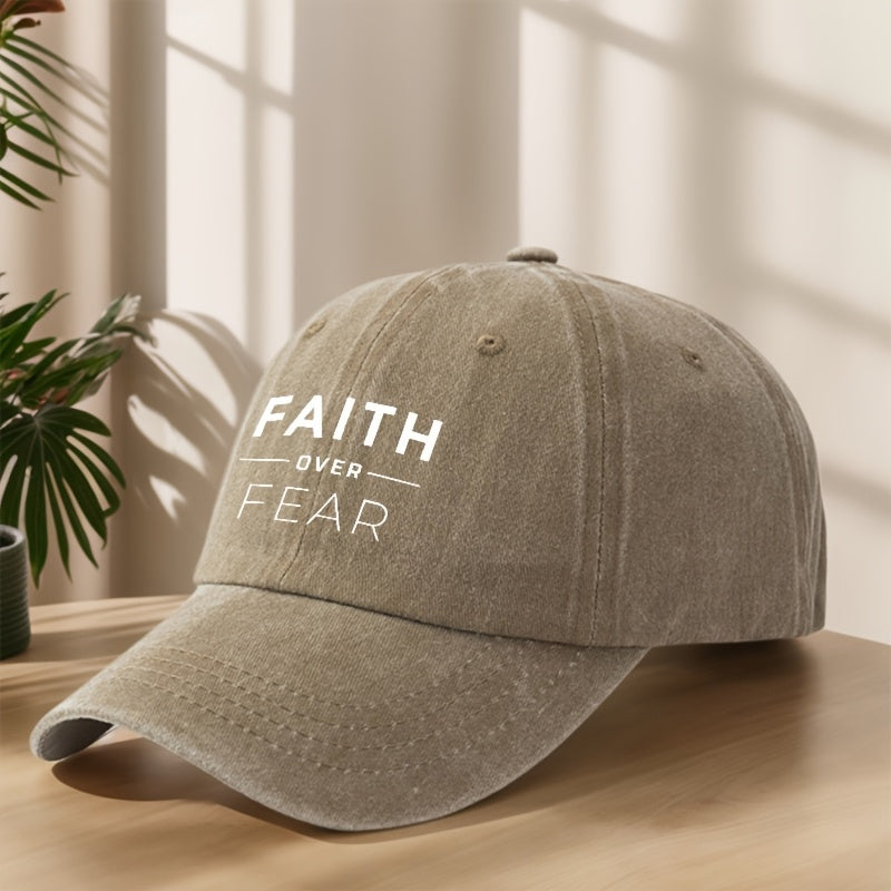 FAITH OVER FEAR字母印画棒球帽经典水洗复古做旧鸭舌帽户外休闲运动逛街度假旅行遮阳帽子轻便柔软舒适吸汗透气帽子个性街头嘻哈帽