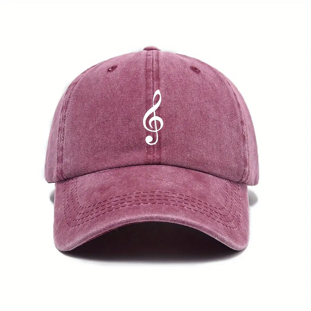 Unisex Adjustable Baseball Cap with Treble Clef Print, Urban Retro Washed Design, Available in 5 Colors (Black/Dark Gray/Purple/Mustard Green/Midnight Blue), Outdoor Casual Hat, Street Fashion, Breathable Fabric, Vintage Style