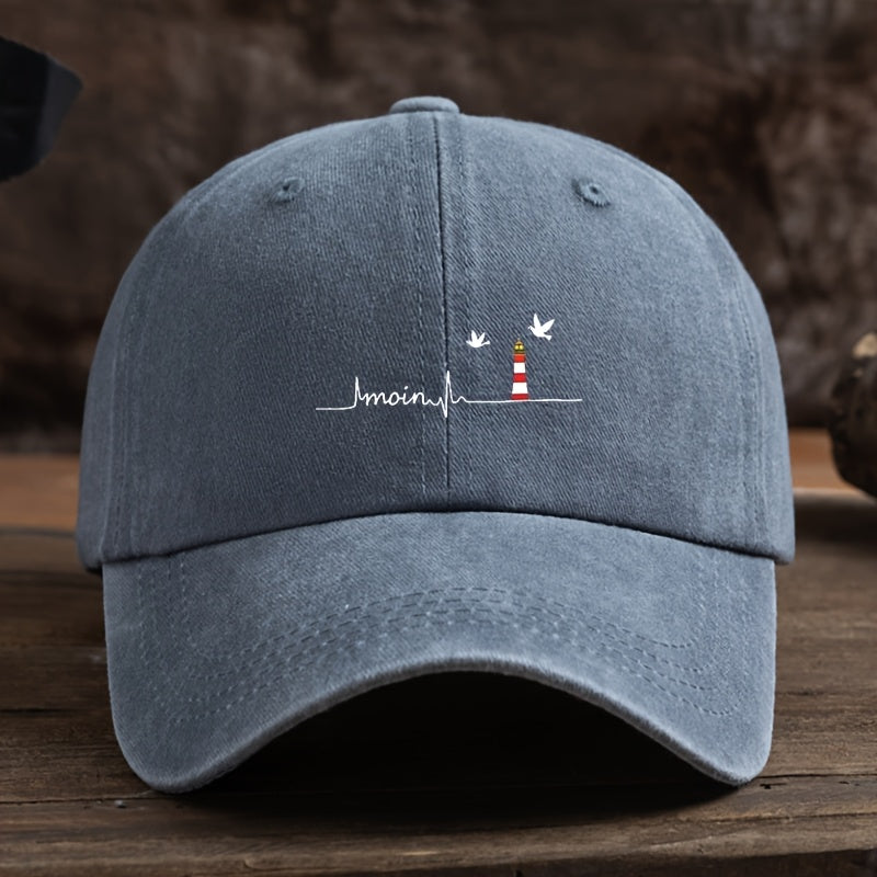 Stylish Sea Eagle Lighthouse Print Baseball Cap - All-Weather Polyester Suitable for Outdoor, Fishing,, Machine Washable, Unisex Hat with Lighthouse