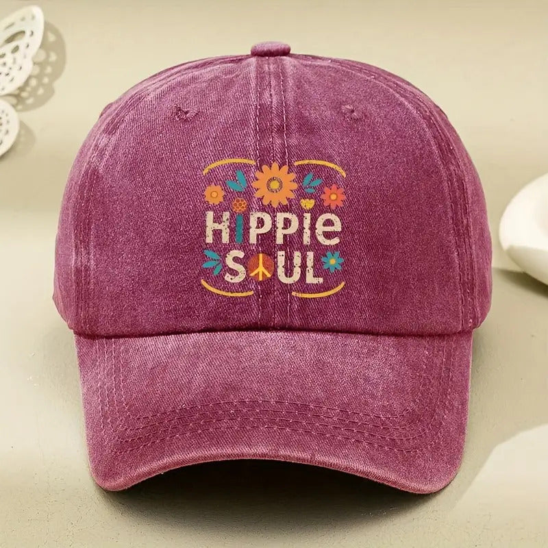 Retro Hippie Soul Baseball Cap - 60S/70S Style with Floral And Peace Symbols (Sunflowers, Peace Sign) - Deep Navy Blue Adjustable Snapback Hat with Colorful Accents - Lightweight Washed Effect, Suitable for Both Men And Women - Machine Washable