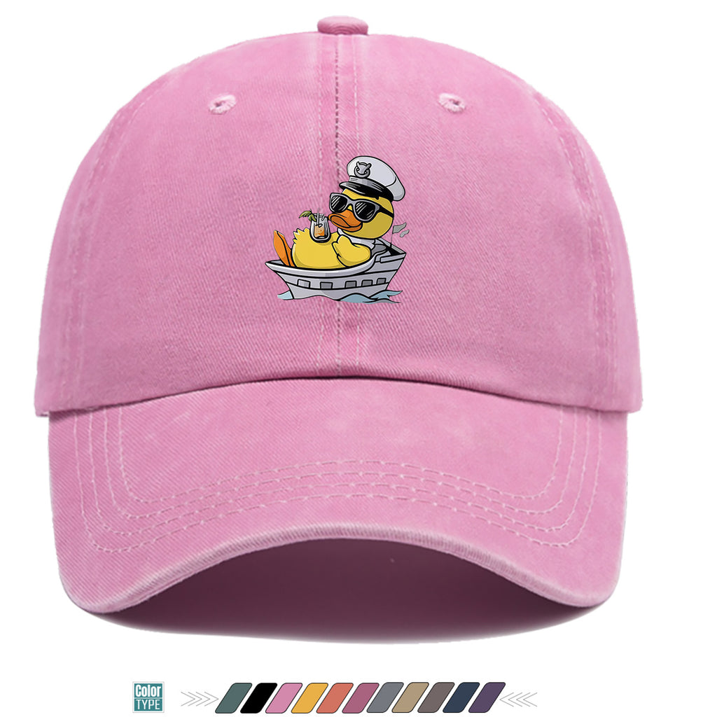 1pc Cartoon Captain Duck Printed Baseball Cap, Yellow Duck Wearing Captain Hat And Glasses, Sitting on Yacht with Drink, Fun Trendy Sun Hat, Unisex Adjustable Casual Street Fashion Hat, Outdoor Play Vacation Hat, Beach Seaside Sunshade Hat