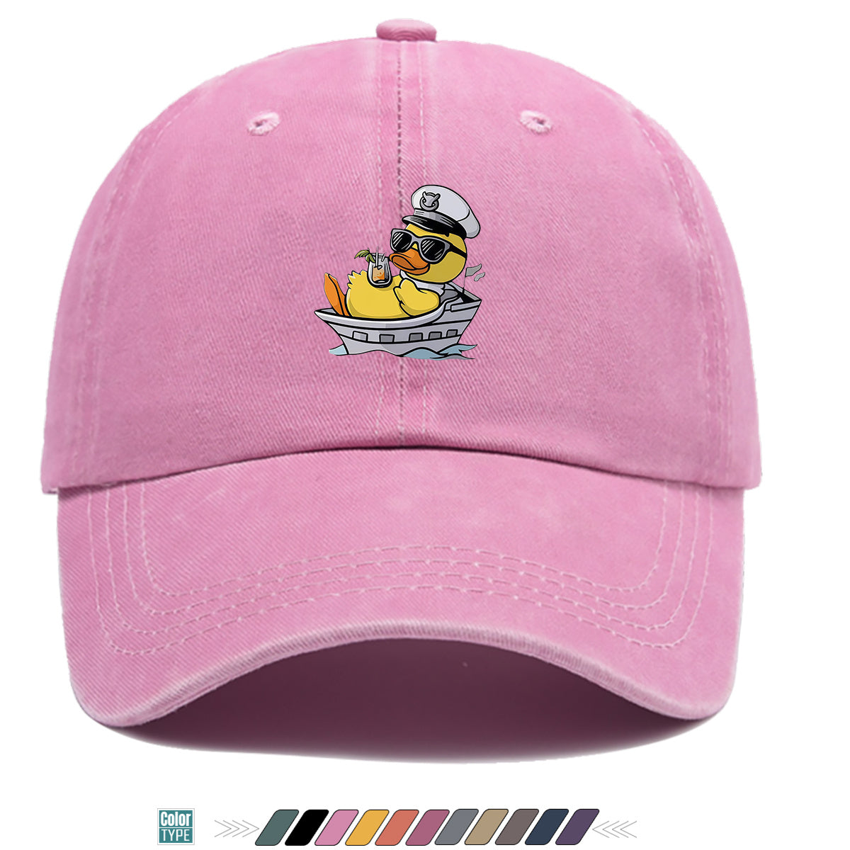 1pc Cartoon Captain Duck Printed Baseball Cap, Yellow Duck Wearing Captain Hat And Glasses, Sitting on Yacht with Drink, Fun Trendy Sun Hat, Unisex Adjustable Casual Street Fashion Hat, Outdoor Play Vacation Hat, Beach Seaside Sunshade Hat