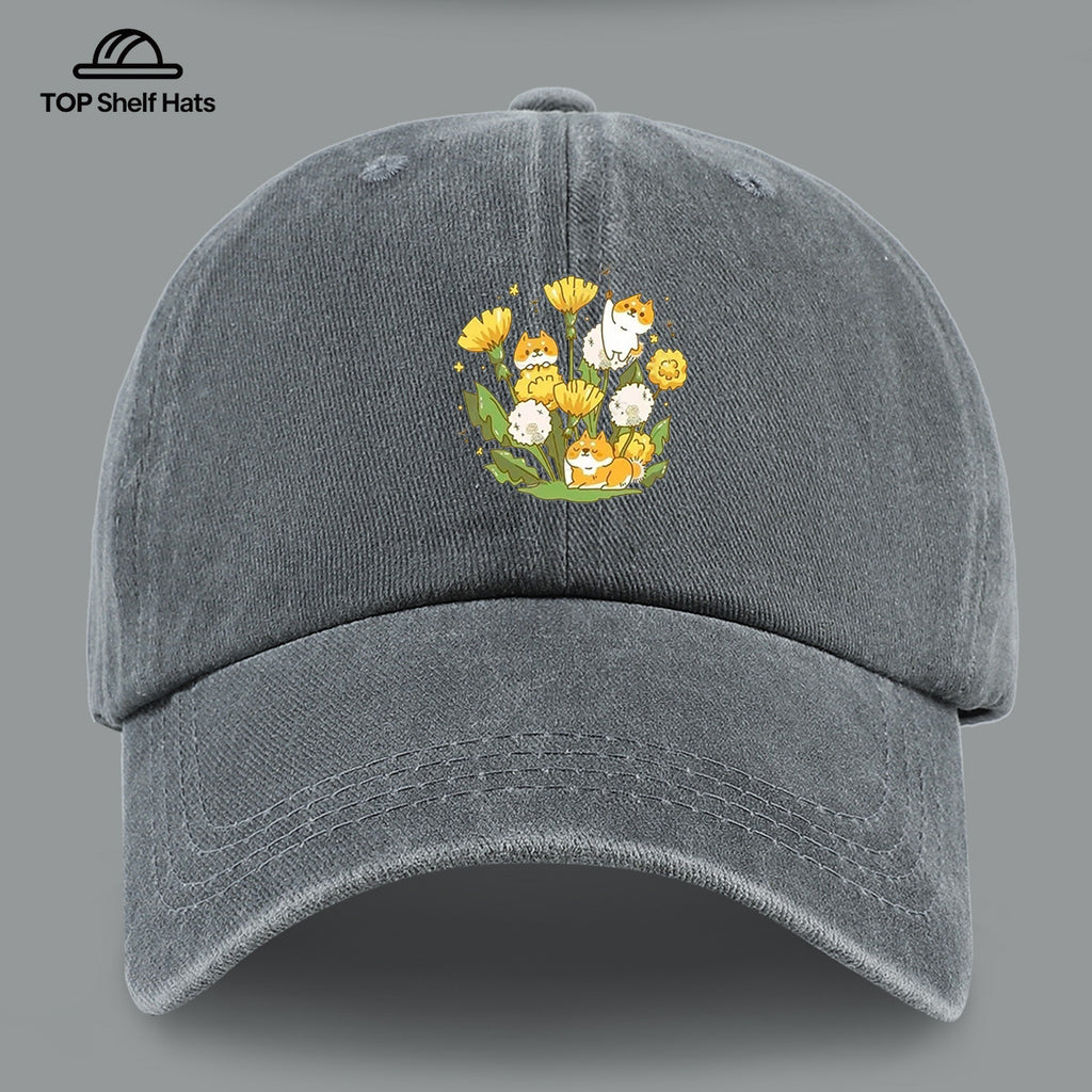 1pc Shiba Inu Dandelion Flower Patch Baseball Cap, Cute Pet Pattern Sun Hat, Fashionable Fresh And Beautiful Unisex Baseball Cap, Adjustable Size, Casual Shopping Hat, Travel Photography Hat, Suitable for Outdoor Picnics, Camping, Travel