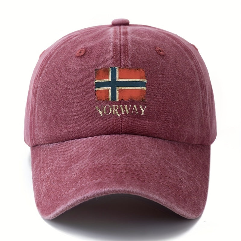 A Unisex, Fashionable and Versatile Baseball Cap with a Printed Norwegian Flag, a Classic Retro Washed Outdoor Lightweight Curved Brim Cap, Suitable for Outdoor Vacations, Travel, Camping, and Other Leisure Activities.