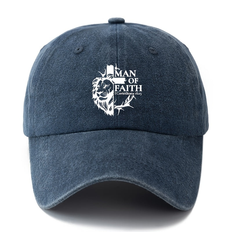 Unisex, Fashionable And Versatile Printed "MAN OF FAITH" Baseball Cap, Classic Retro Washed Outdoor Lightweight Curved Brim Cap, Suitable for Outdoor Vacations, Travel, Camping, And Other Casual Occasions, Hip-Hop Cap for Holiday Parties