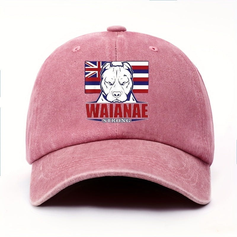 WAIANAE Men'S Hawaiian Flag & Dog Graphic Baseball Cap - Adjustable Lightweight Retro Streetwear Hat for Outdoor Sports, Patriotic Hip Hop Style, Soft Fabric, Thanksgiving/Father'S Day Gift