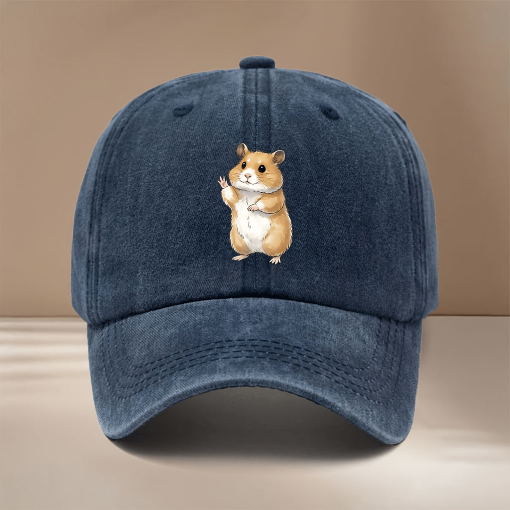 This Is a Baseball Cap with a Waving Hamster Print. It Features a Relaxed Fit, Adjustable Sizing, and a Simple, Trendy Curved Brim. Suitable for Both Men and Women, It Is a Versatile Six-panel Hat Perfect for Outdoor Sports, Dinners
