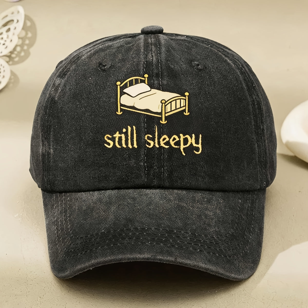 Still Sleepy Embroidered Cap with Bed Design & Iconic - Vintage Washed Black Hat Suitable for Men & Women, Machine Washable, for, for, for - Anniversary Gift for Sleepy Fans