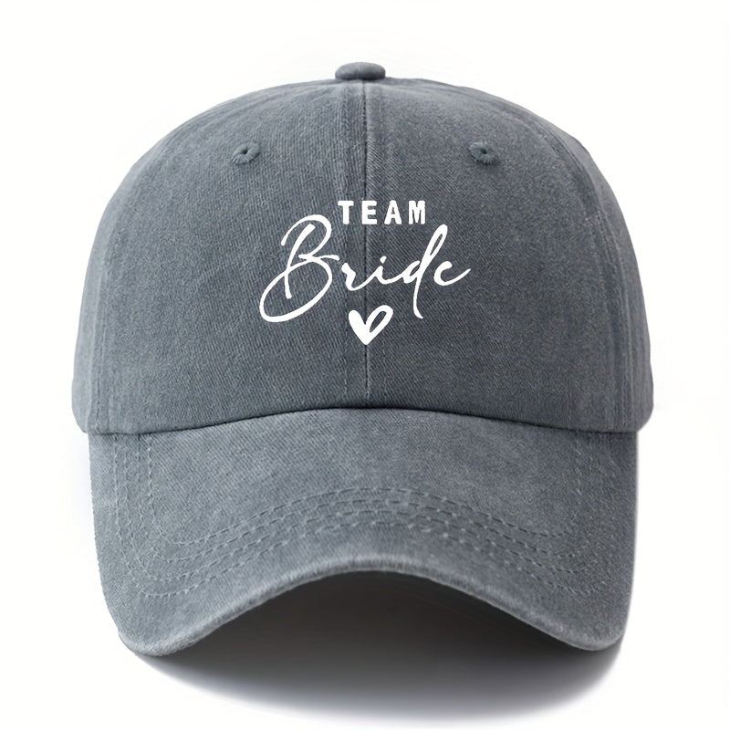 A Stylish Unisex Printed Baseball Cap Featuring a Curved Brim And The Words 'TEAM Bride'. This Trendy And Lightweight Sun Hat Is Perfect for Outdoor Activities Like Traveling And Camping, Suitable for Both Men And Women