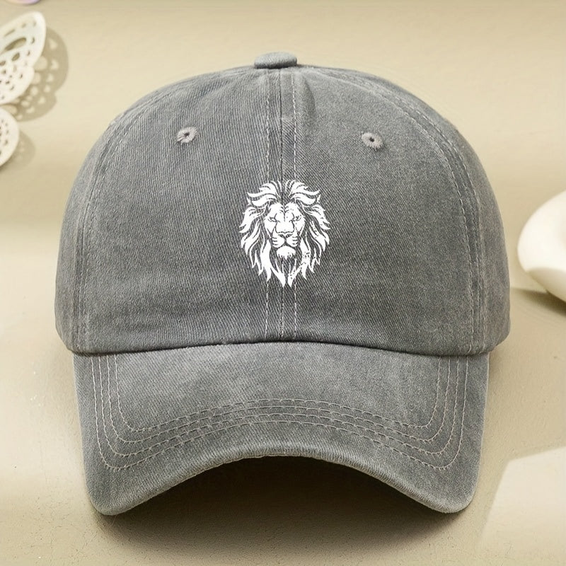 Men's & Women's Vintage Lion Baseball Cap - White Retro Dad Hat with Lion Print, Soft Washed Pull-String Cap Suitable for Outdoor Driving, Machine Washable Unisex Driving Hat