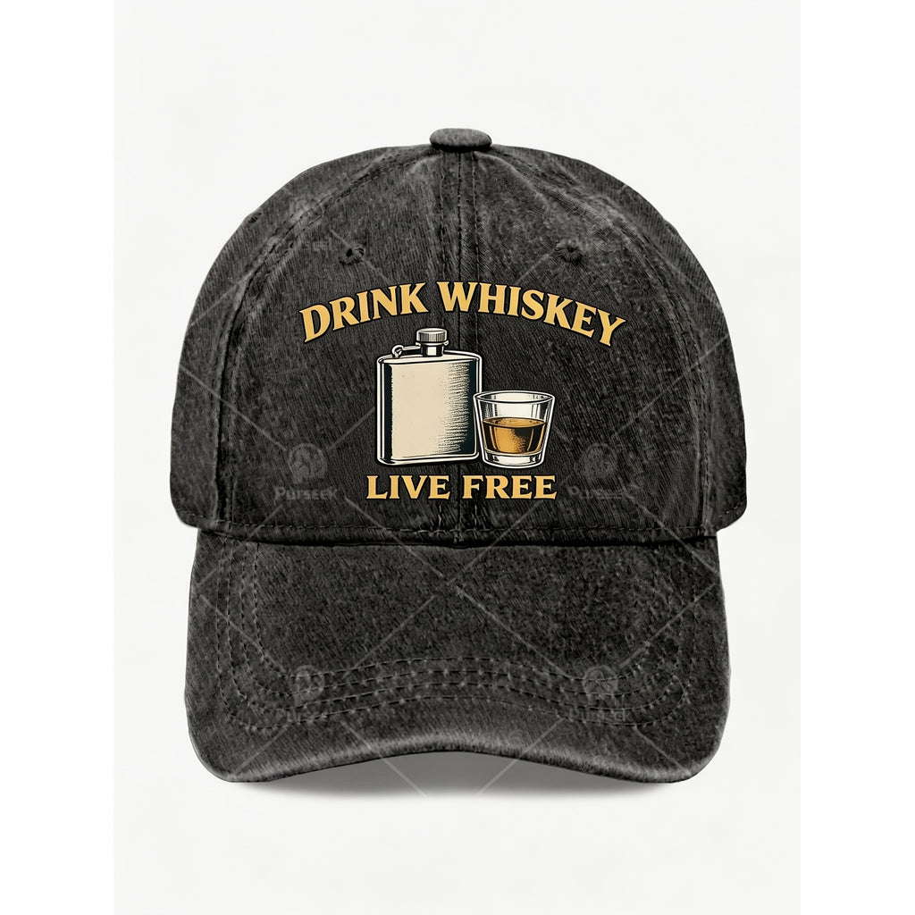 Vintage Whiskey Themed with Whisky & Iconic Label Print - Retro Unisex Hat Suitable for Men & Women, Machine Washable for Parties, Gifts, Casual Wear - Live Free for Themed Events and Everyday Use