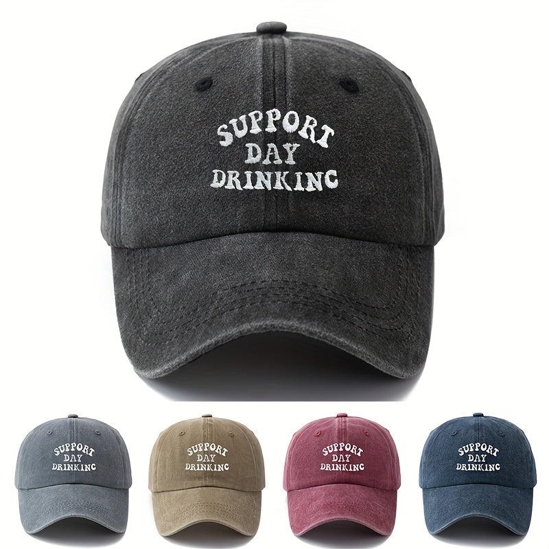"SUPPORT DAY DRINKING" Baseball Cap - Curved Brim Trucker Hat Suitable for Outdoor Vacations, Camping, Casual Wear, Hand Washable Textile Cap with Phrase, for Day Drinking Events & Everyday Use