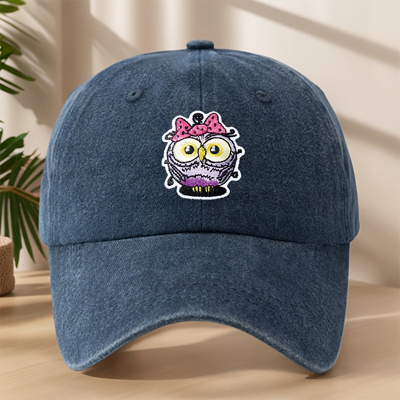 Vintage Washed Duckbill Baseball Cap with Owl Patch - Distressed Soft Breathable Sweat-Absorbent Suitable for Outdoor,, Camping, Fishing, Streetwear Hat, Washed Retro for Climbing and Casual Wear