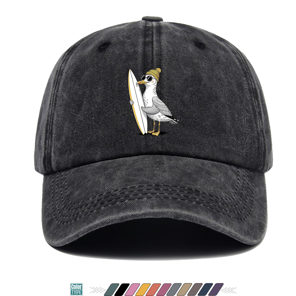 1pc Cute Cartoon Pigeon And Surfboard Pattern Design Printed Baseball Cap, Summer Casual Clothing Accessory, Black Papa Trucker Hat, Breathable Comfortable Solid Easy Vintage Soft Top Dad Hat, Unisex Adjustable Size Youth Couple Skateboard Hat