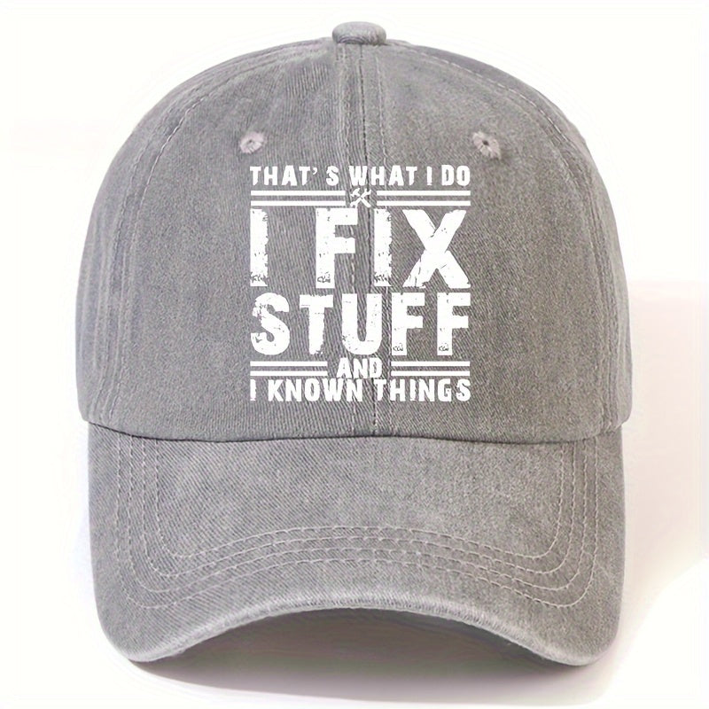 EOXF Vintage Washed Baseball Cap- Black with the Text "I Fix Stuff, " Adjustable Strap, Breathable Six-panel Design, Suitable for Mechanics, DIY Enthusiasts, and Everyday Casual Wear- Unisex Headwear, Vintage Style, Adjustable Size