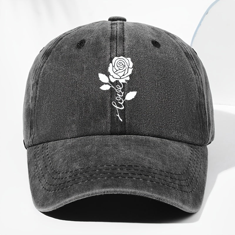 Unisex Rose Love Print Washed Vintage Baseball Cap Fashion Men Women Sunshade Outdoor Hat Adjustable Hat Trucker Cap Suitable for All Seasons Daily Wear
