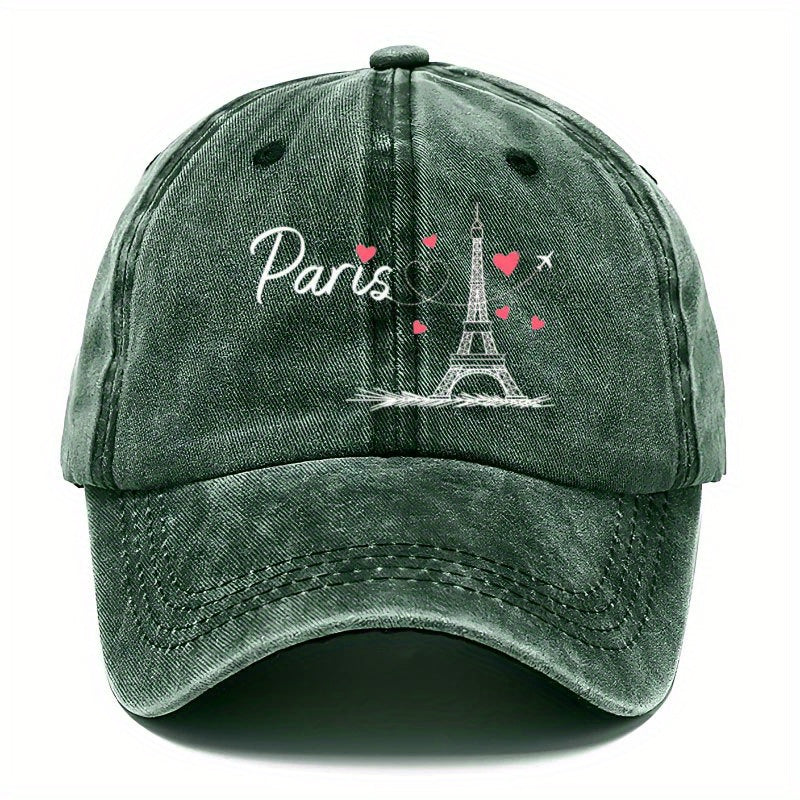 Vintage Baseball Cap Featuring The Eiffel Tower And Heart Design, Adjustable And Made from Breathable Fabric, Perfect for Outdoor Activities And Casual Travel. It Embodies a French Romantic Style, Ensuring Comfort for Travel Lovers