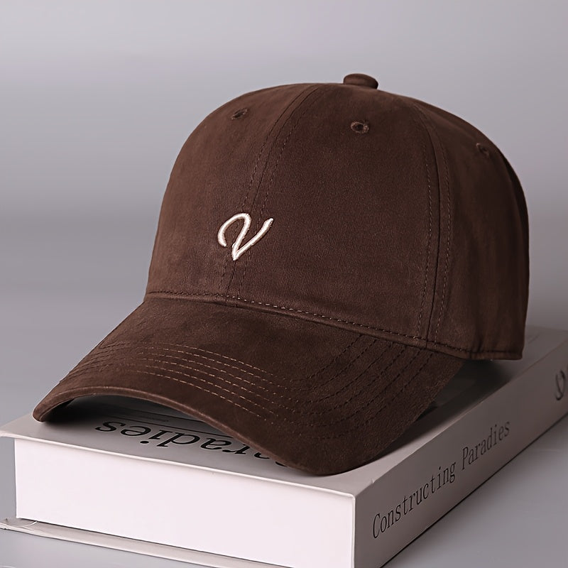 1pc MAO GLOBAL Women's Baseball Cap- Brown with Elegant 'V' Badge, Adjustable Snap Closure, Large Non-Elastic Style, Suitable for All Seasons, Daily and Formal Occasions, Unisex Couple Style, Urban Fashion Accessory, Structured Top Design