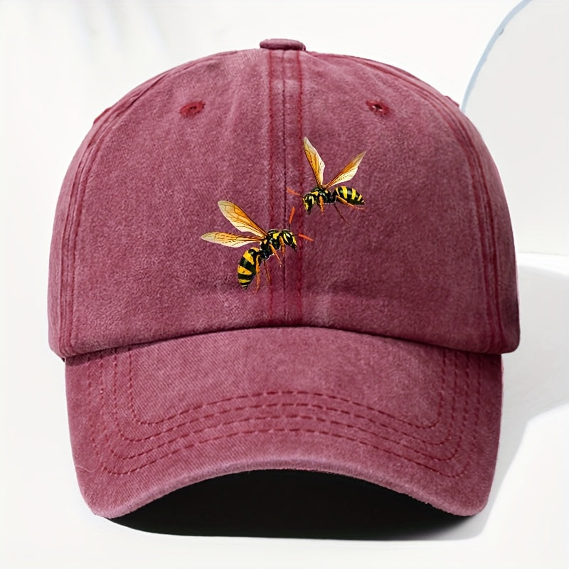 Unisex Bee Animal Print Washed Vintage Baseball Cap, Fashionable Sun Outdoor Hat for Men and Women, Adjustable Fit Trucker Hat Suitable for All Seasons and Daily Wear
