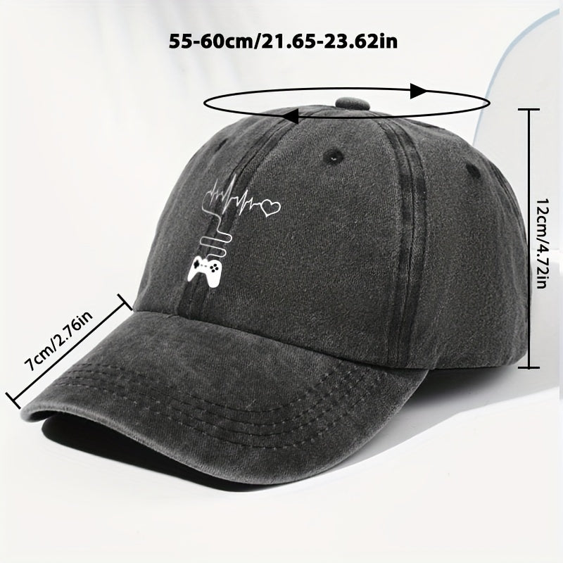 Unisex Gaming Console Heart Print Washed Vintage Baseball Cap, Fashionable Outdoor Hat for Men and Women, Adjustable Fit Trucker Hat Suitable for All Seasons and Daily Wear