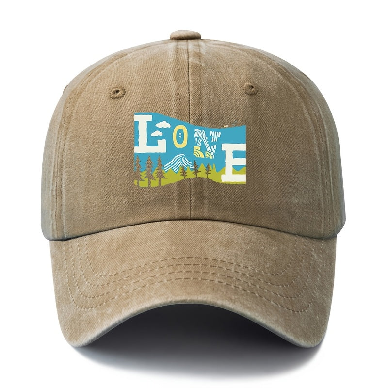 Unisex Fashion Versatile Printed LOVE Outdoor Baseball Cap, Classic Retro Washed Outdoor Lightweight Curved Brim Hat, Trucker Cap, Suitable for Outdoor Vacation Travel Camping And Other Casual Occasions, Holiday Party Hip-Hop Hat