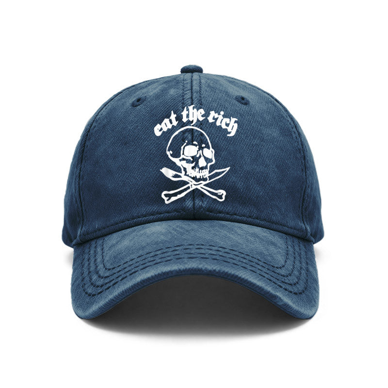 1pc Gothic Punk Baseball with Eat The Rich Skull Print - Adjustable Unisex Hat Suitable for Men & Women, Vintage Washed Design for Outdoor, Casual Wear, Gifts for Goth Subculture Fashion, Iconic Gothic Style