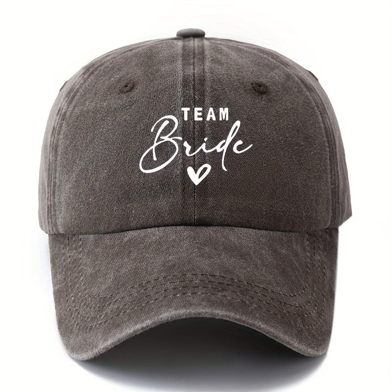 A Stylish Unisex Printed Baseball Cap Featuring a Curved Brim And The Words 'TEAM Bride'. This Trendy And Lightweight Sun Hat Is Perfect for Outdoor Activities Like Traveling And Camping, Suitable for Both Men And Women
