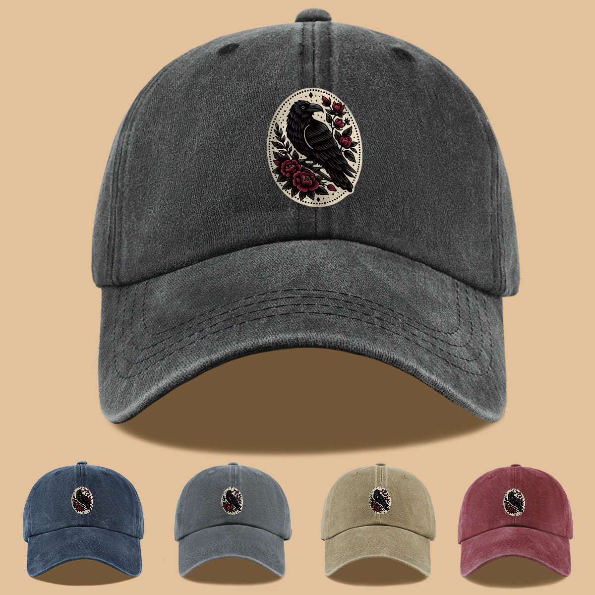 1pc 1pcs Black Crow & Red Rose Vintage Duckbill Baseball Cap - Adjustable Unisex Hat Suitable for Men & Women, Gothic Streetwear Sun Hat for Outdoor Travel, Daily Commute, Photo Shoots, Creative,,