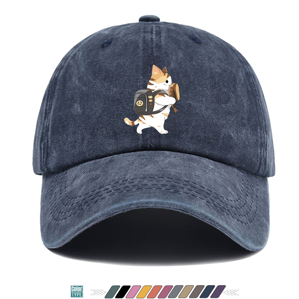 1pc Cartoon Orange White Cat Back Bag Fish Dry Print Baseball Cap Cute Fun Sun Hat Fashion Casual All-Match Unisex Baseball Cap Adjustable Size Daily Hat Commute Street Style Suitable for Daily Outing Shopping Dating Walking Weekend Gatherings Comfo