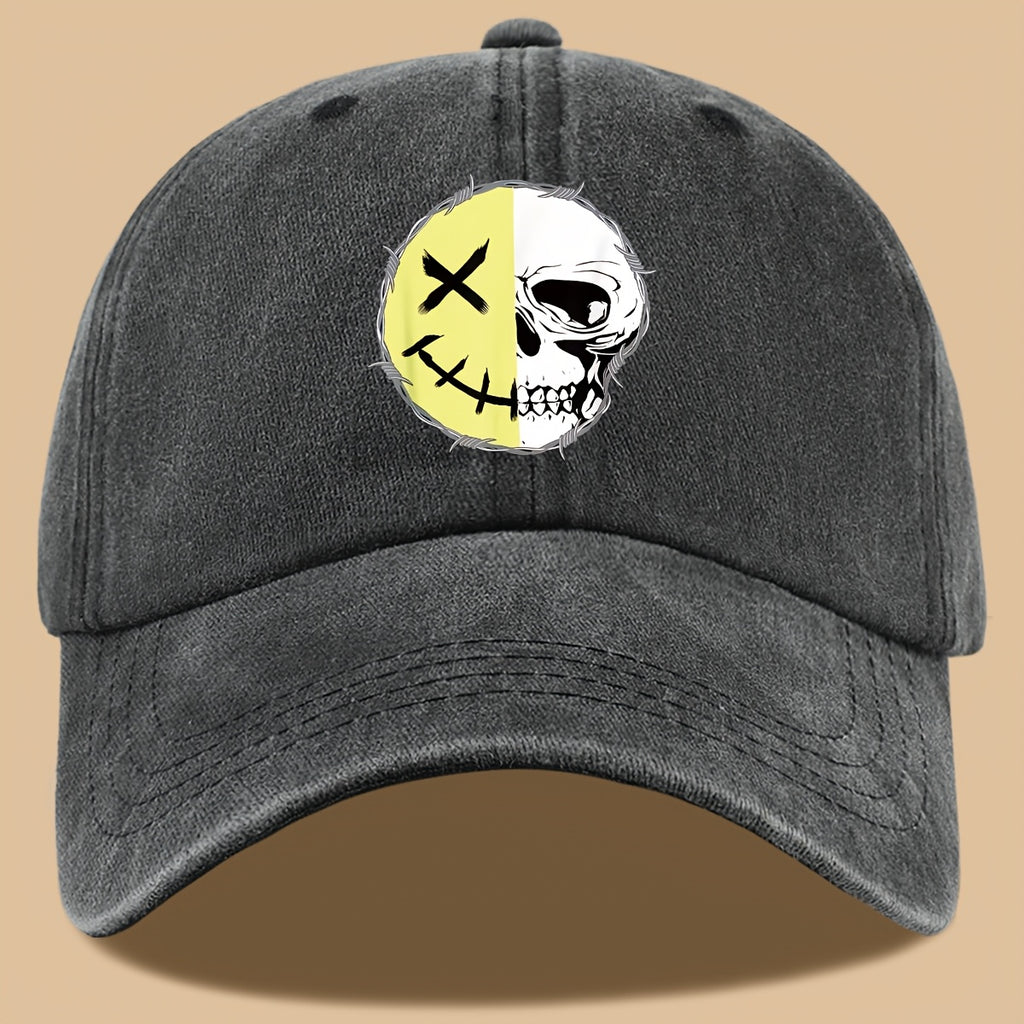 1pc Creative Smiling Face Half Skull Print Baseball Cap, Urban Casual Headwear, Individual All-Match Casual Clothing Accessory, Men And Women Outdoor Universal Dad Hat, Adjustable Size, Breathable Comfortable Vintage Black Papa Trucker Hat
