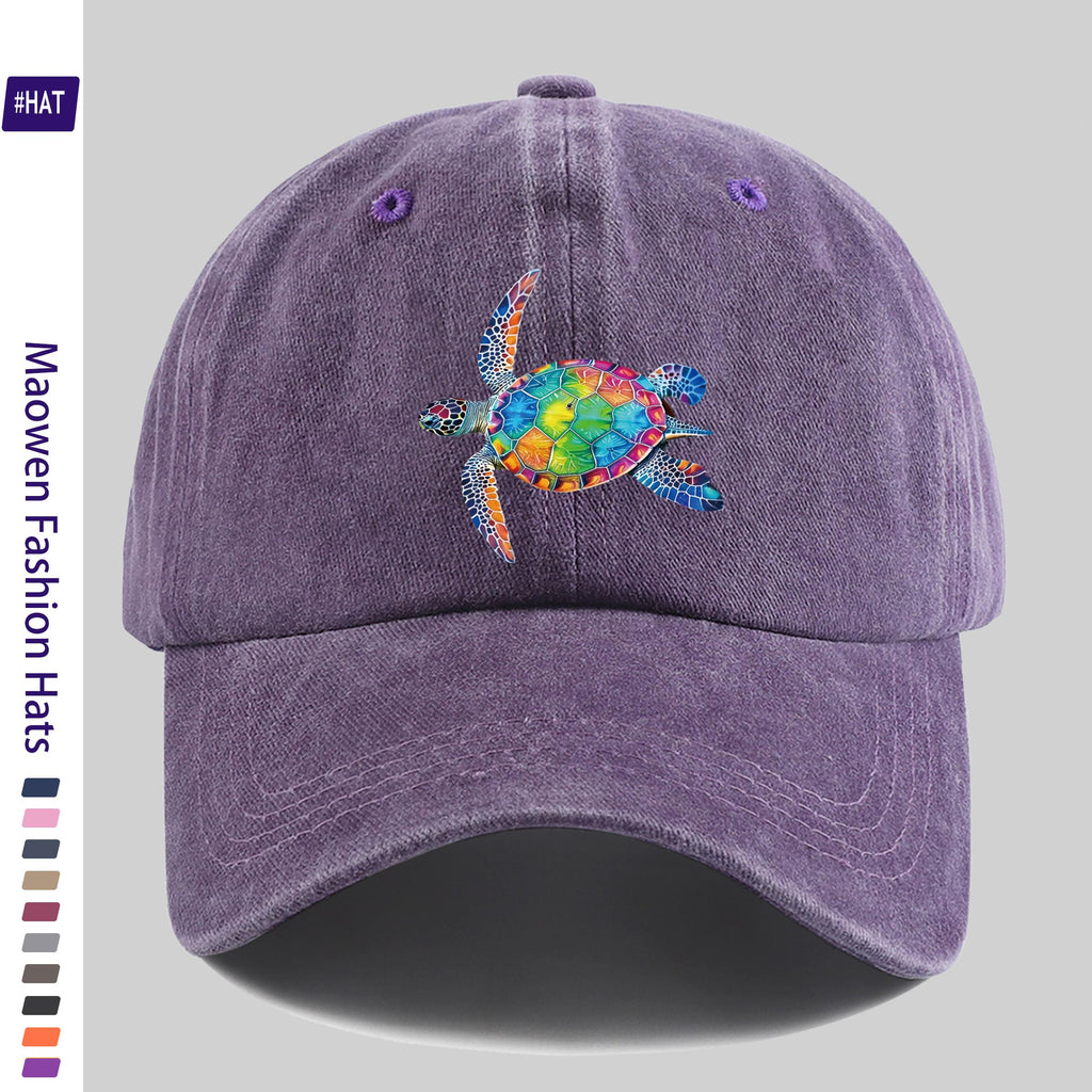 Washed Baseball Cap with Colorful Turtle Pattern Heat Transfer Design, New Vintage Style Cap for Autumn And Winter, Unisex, Adjustable, Lightweight Outdoor Cap, Suitable for All Seasons, Ideal for Travel And Leisure, Suitable for Sports