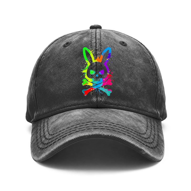 1pc of Vintage Washed Unisex Baseball Caps Featuring a Colorful Splatter Design with a Skull Rabbit Motif. These Adjustable Caps Are Perfect for Outdoor Activities And Casual Outings, Making Them Great Gifts for Both Men And Women