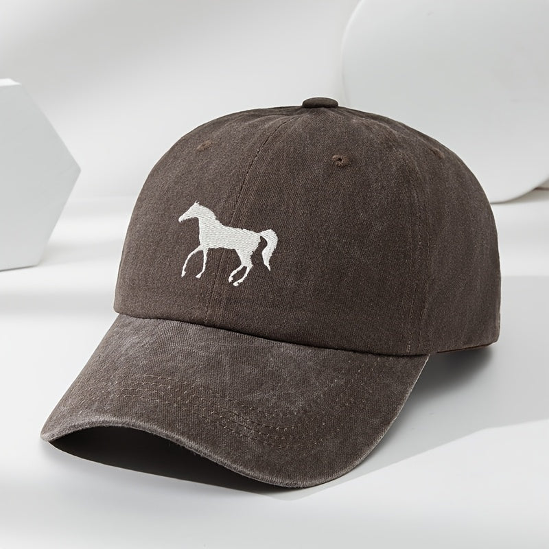 High-Quality White Horse Embroidered Baseball Cap, Washed Vintage Adjustable Duckbill Hat, Soft Top, Breathable, Sweat-Absorbing, Sun-Protective Trendy Hat