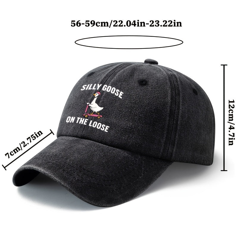 Unisex Fashion Versatile Printed SILLY GOOSE ON THE LOOSE Baseball Cap, Classic Retro Washed Outdoor Lightweight Curved Brim Hat, Trucker Cap, Suitable for Outdoor Vacation Travel Camping And Casual Occasions, Holiday Party Hip-Hop Hat
