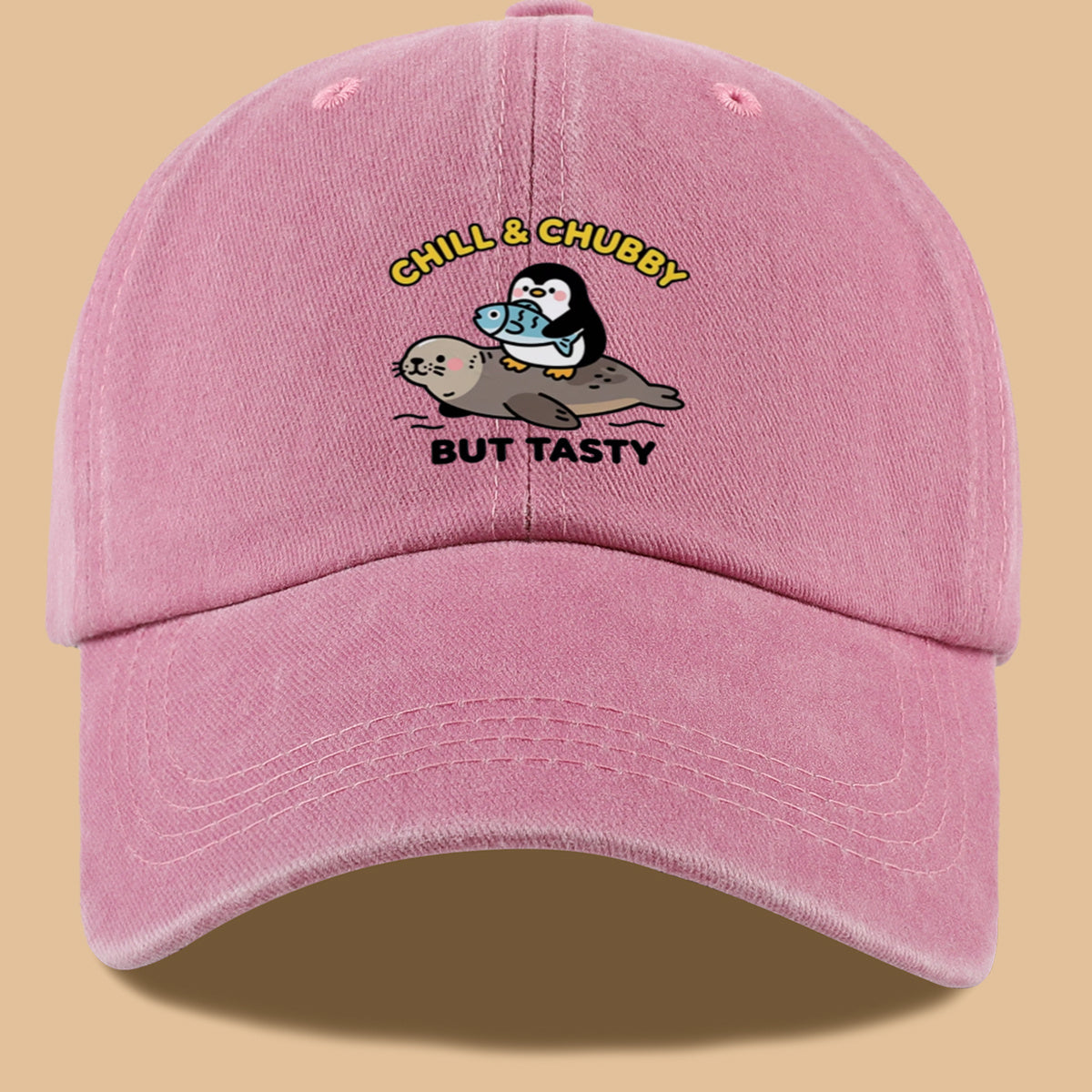 1pc 1pcs "CHILL & CHUBBY BUT TASTY" Penguin Hugging Fish on Seal Print Baseball Cap - Cute Duckbill Cap Suitable for Daily Outfits, Beach Vacations, Student Style, Adjustable Unisex Hat for &, Creative, Park Picnics