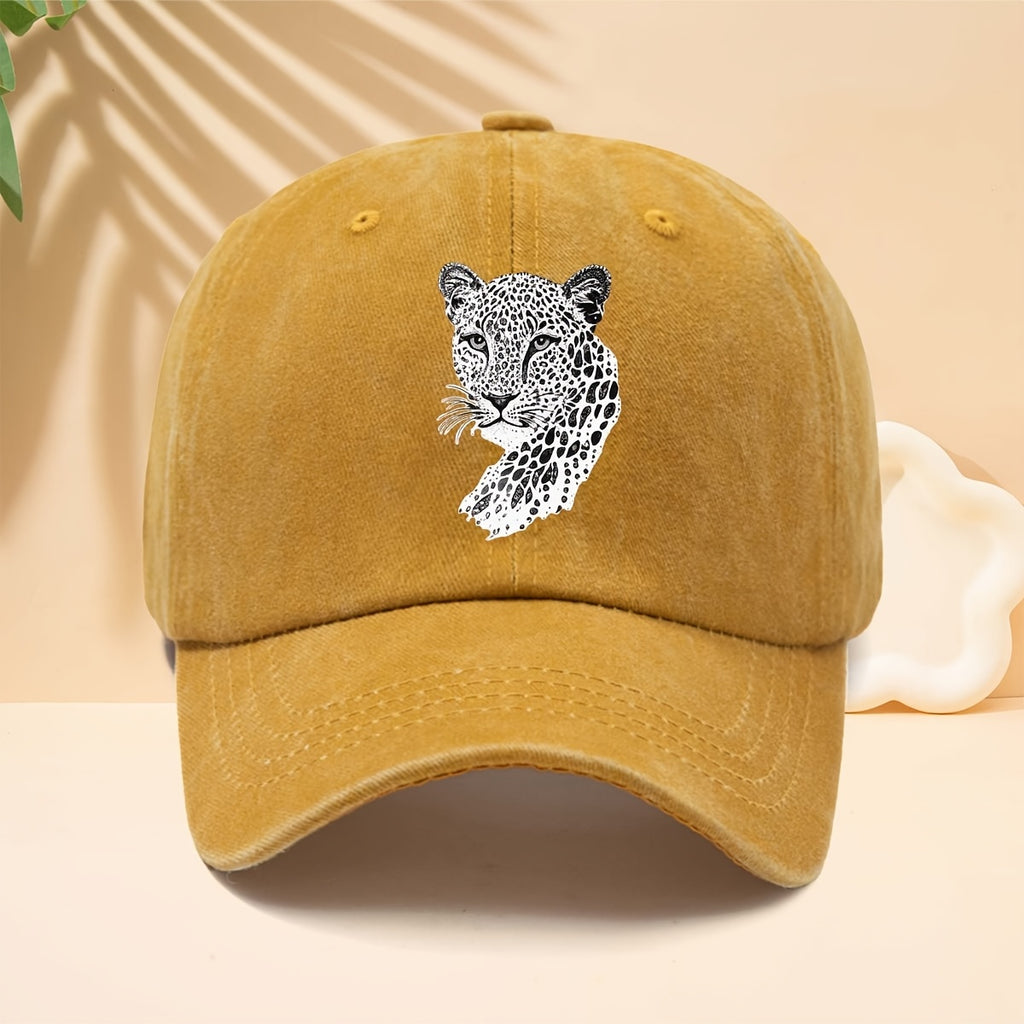 A Trendy Baseball Cap with a Black and White Leopard Head Illustration Print, Featuring a Soft Crown and Curved Brim. This Classic Snapback Hat Is an Adjustable Casual Cap Suitable for All Seasons. It's a Six-panel Trucker Hat, a Matching Couple's