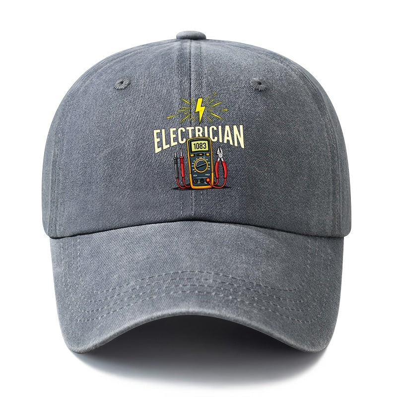 A Stylish And Versatile Unisex ELECTRICIAN Baseball Cap with a Printed Design, Featuring a Classic Retro Washed Look. This Lightweight Outdoor Cap Is Perfect for Truck Drivers And Suitable for Casual Occasions Like Outdoor Vacations, Camping