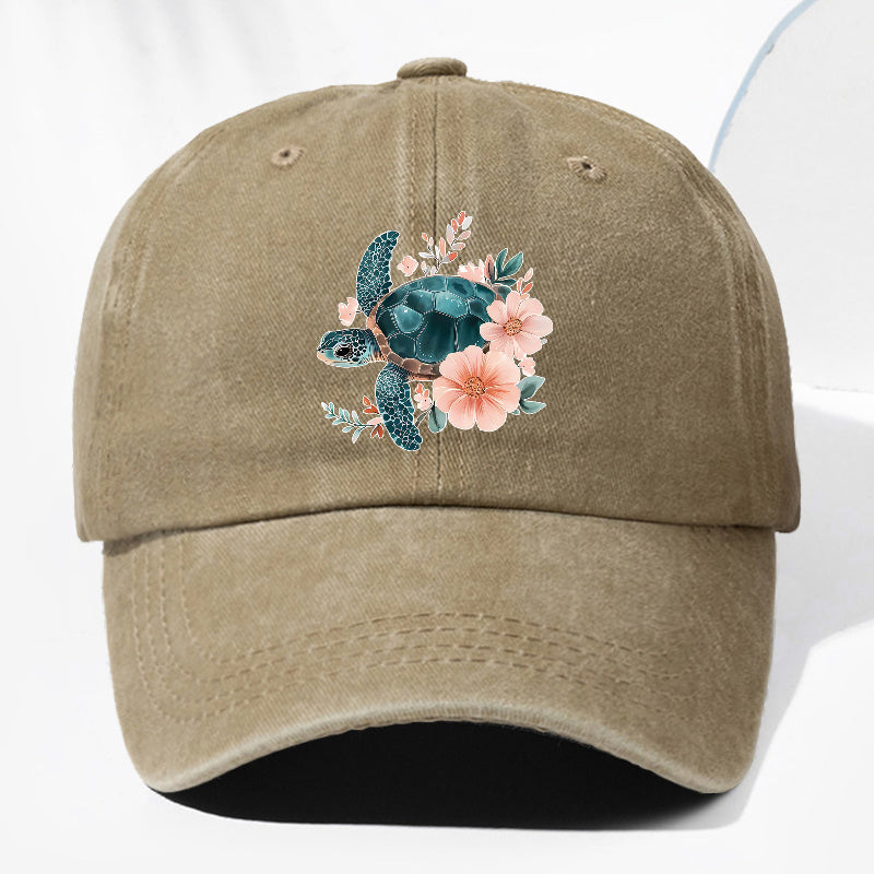 Unisex Floral Turtle Animal Print Washed Vintage Baseball Cap Fashion Men Women Sun Hat Adjustable Size Trucker Cap Suitable for All Seasons Daily Wear