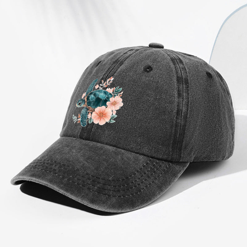 Unisex Floral Turtle Animal Print Washed Vintage Baseball Cap Fashion Men Women Sun Hat Adjustable Size Trucker Cap Suitable for All Seasons Daily Wear