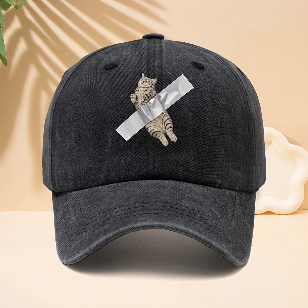 Adjustable Cat Tape-Printed Baseball Cap with Tape-Themed Tab & Curved Brim - Soft Top Trucker Hat Suitable for All- Wear, Unisex for Men & Women, Casual, Parties, Hip-Hop Outfits - Durable Comfortable Design